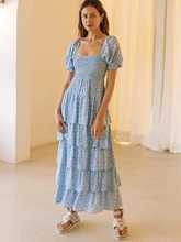  Vintage Print Short Sleeve Summer Beach Sweet Dresses Casual Square Collar Floral Maxi Long Dress Festa Backless 