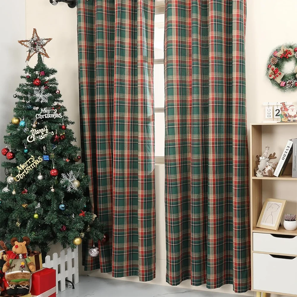 Green Check Plaid Curtains Farmhouse Style Gingham Curtain Christmas Decorative Adjustable Shades Rod Pocket Window Valances