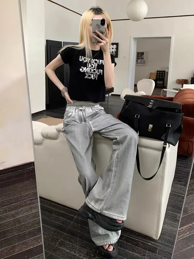 HOUZHOU Vintage Grunge Y2k Jeans Women High Street Punk Style Baggy Boyfriend Jeans Harajuku Fashion Gyaru Wide Denim Trousers
