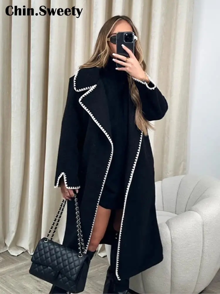 

Ladies Warm Patchwork Coat With Scarf Women Fashion Turn-down Collar Long Sleeve Midi Coats Female Elegant High Street Overcoat