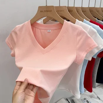 Summer Sexy V-neck Slim T Shirt Women Cotton Basic Solid Crop Tops Female Casual Tops Short Sleeve T-shirts 2026 1