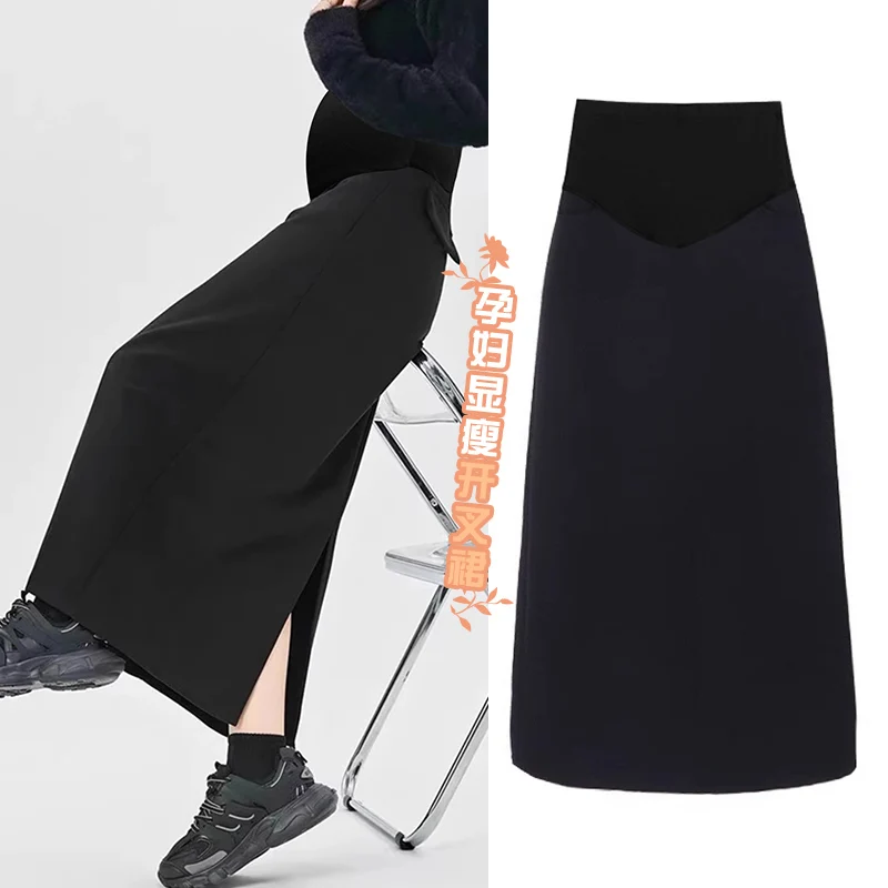 Spring Maternity Suit Skirt Back Split Ankle-length Pregnant Woman Straight Skirts with Pockets Black Pregnancy Long Skirt
