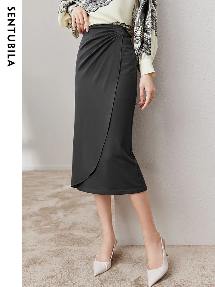 SENTUBILA Wrap Midi Skirts for Women 2023 New Autumn Fashion Vintage Split Ruched Simple Versatile Skirt Office Lady 133Q50548 lady roll waist sleeveless pleated ruched a line dress women one shoulder sexy prom evening dresses 2022 new fahion chothing