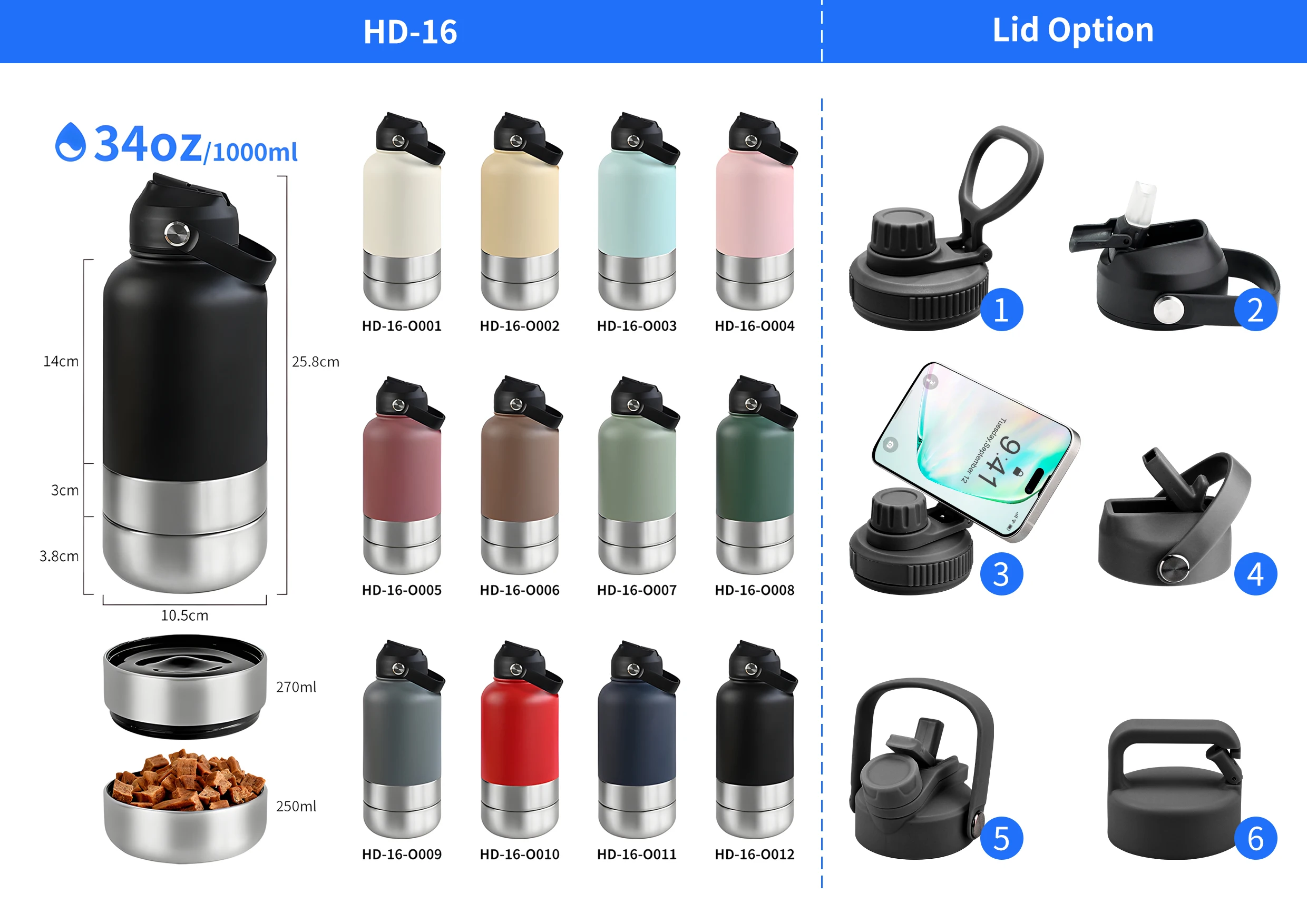 An infographic showing 12 different color options for the 34oz stainless steel pet bottle alongside six different lid attachment styles, including a phone holder and straw lid.
