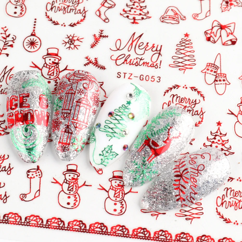 Nail Stickers Nail Art Decoration Nail Decals Holographic Red Christmas Nail Sticker Shine Glitter Snowflake Elk Santa Claus Transfer Slider Winter 3D Decal SASTZG050-058