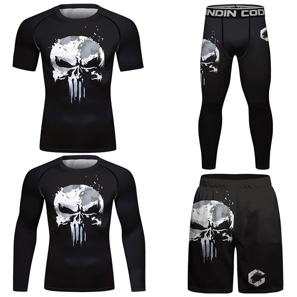 Skull Rashguard For Men Jiu Jitsu MMA T-shirt+Pant Set Brazilian Grappling Bjj Boxing Rash Guard MMA Shorts Boxeo Fight Jerseys sports apparel mens t shirt