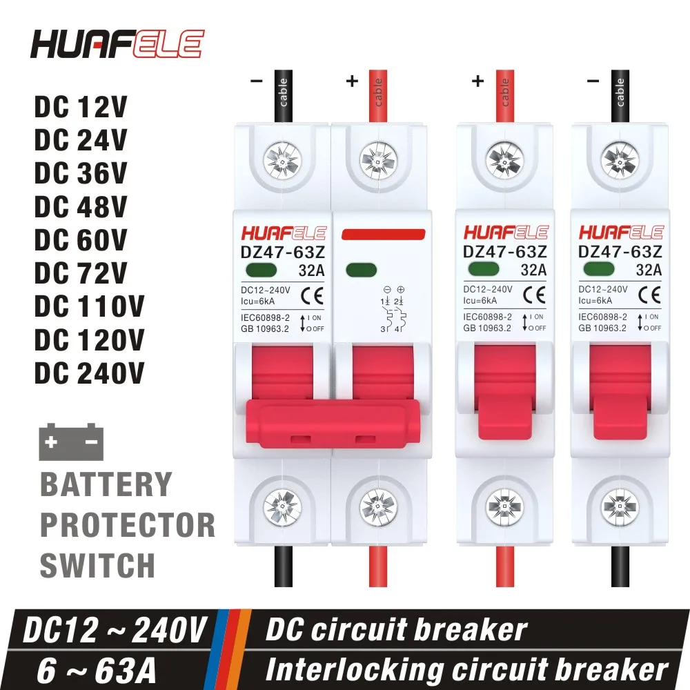 DC12V 24V 48V DC MCB Battery Car Protector Mini Circuit Breaker DZ47 DC