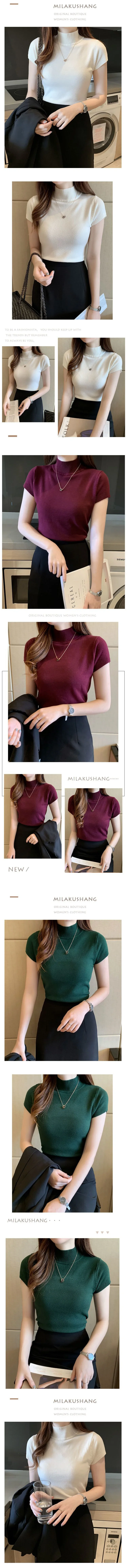 Blusas y tops de mujer Blusa de manga corta de verano para mujer Blusas de mujer de moda Blusa de punto de cuello alto Tops de camisa