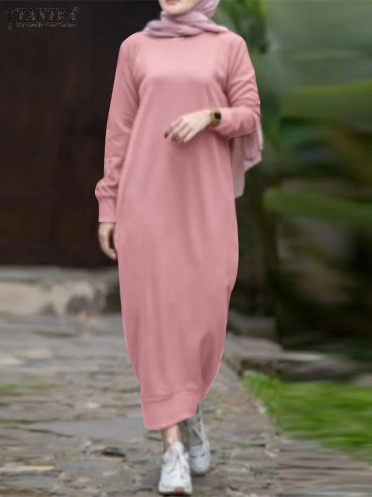 

Women Muslim Dress Autumn Winter Long Sleeve Hoodies Vestidos Robe ZANZEA Casual Solid Loose Maxi Dresses Femme Long Sweatshirt