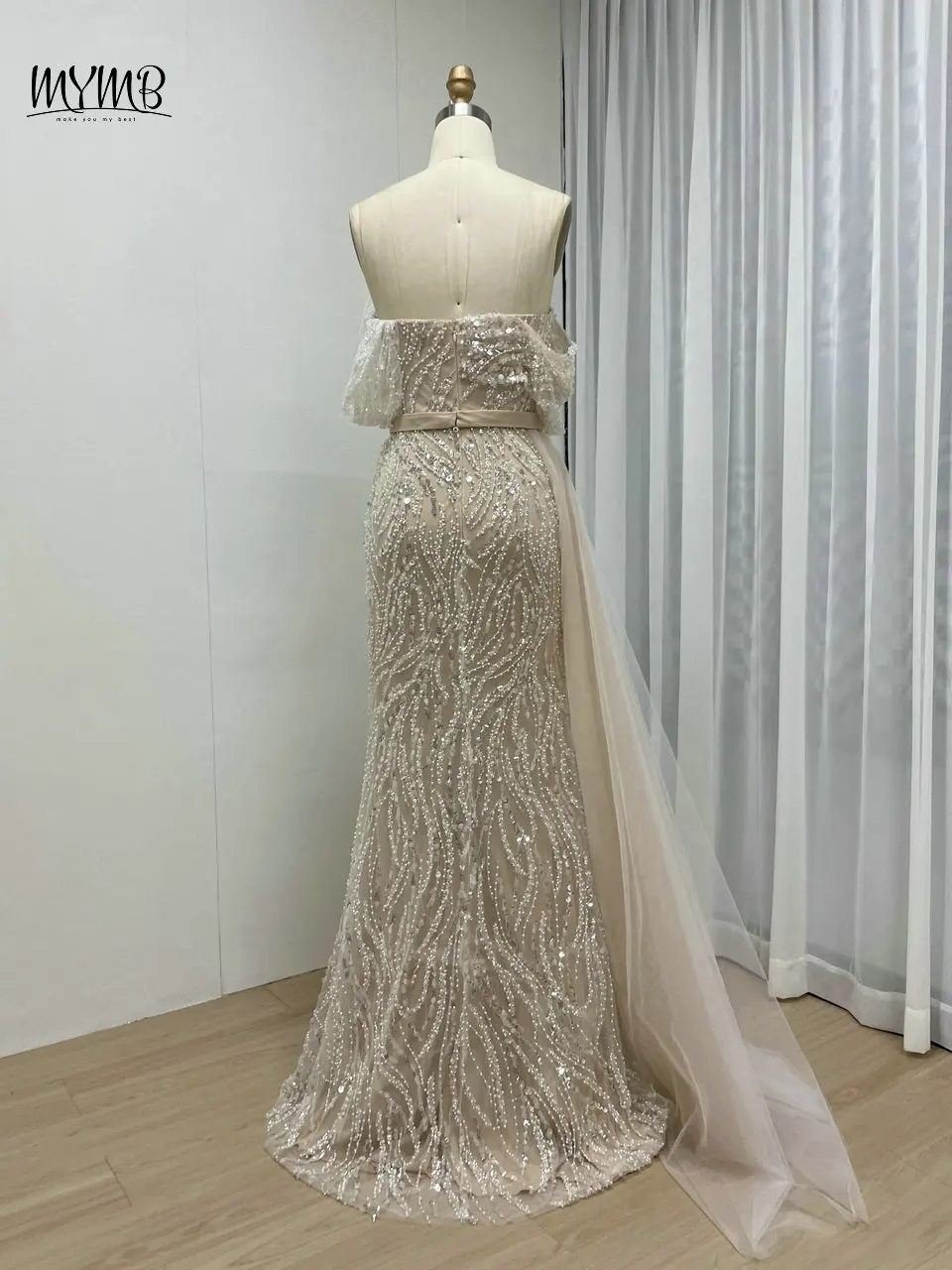 MYMB Elfenbein Atemberaubendes schulterfreies Meerjungfrau-Brautkleid mit Perlen und Federn De Novia Arabisch Exklusive Abendkleider für Frauenparty – Detail 16