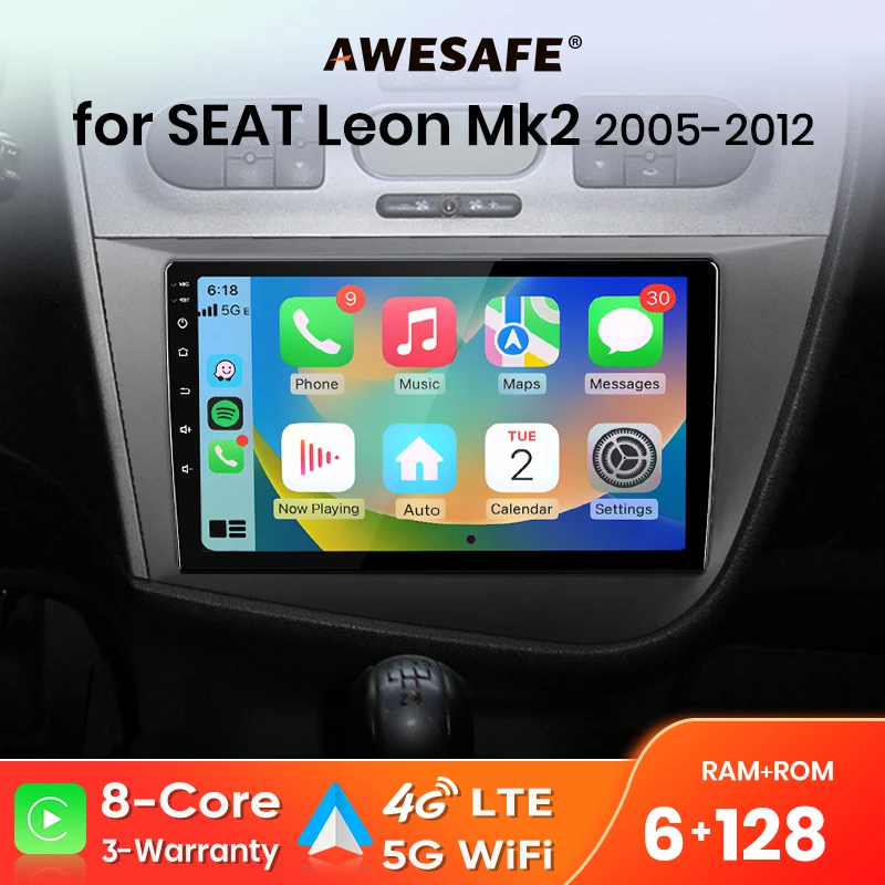 Radio AWESAFE con CarPlay y Android Auto inalámbrico para Seat Leon 2 MK2 2005 2006-2012, Plug & Play, FM, BT, RDS, DSP, 4G, GPS, SWC, Multimedia 1