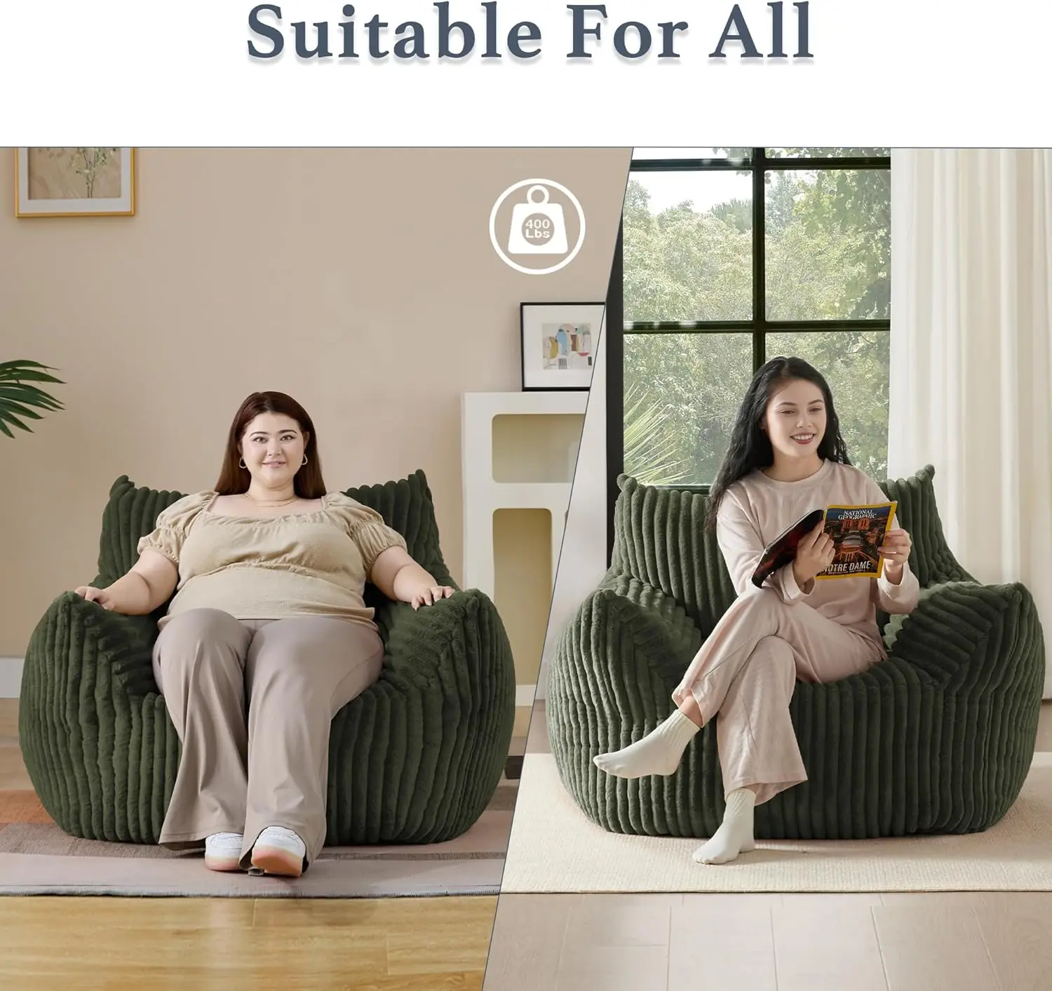 Giant Plush Bean Bag Chair for Adults, Teen, Kids with Armrests - Oversized Comfy Green Beanbag Lounge Floor Sofa Accent Chair