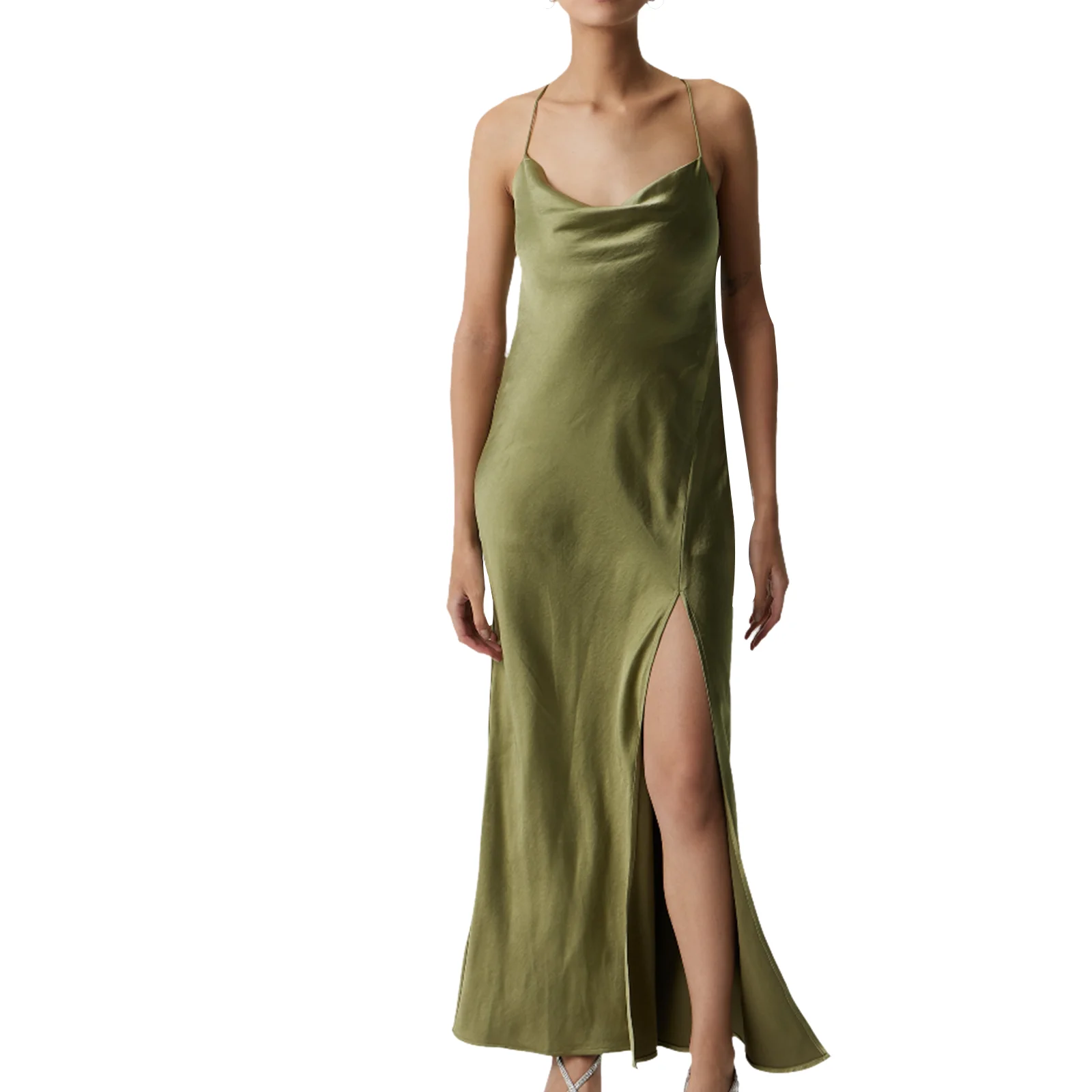 

Summer Solid Color Backless Split Slip Dress Women Satin Long Dresses Cocktail Beach Sexy Female Clothes Evening Gown Streetwear