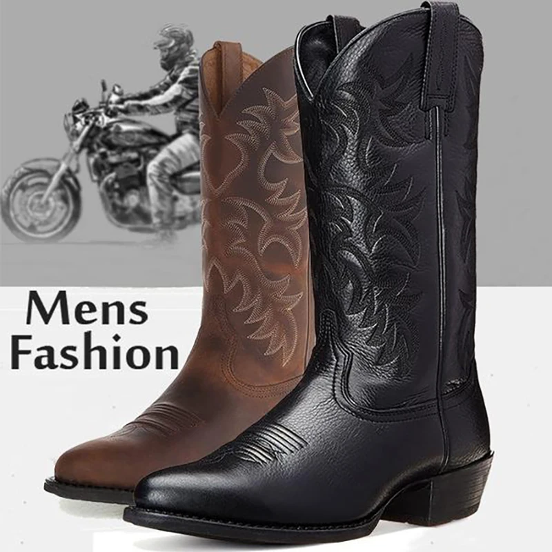 Knight Calf Leather Cowboy Boots Motorcycle Boots Vintage Cowboy