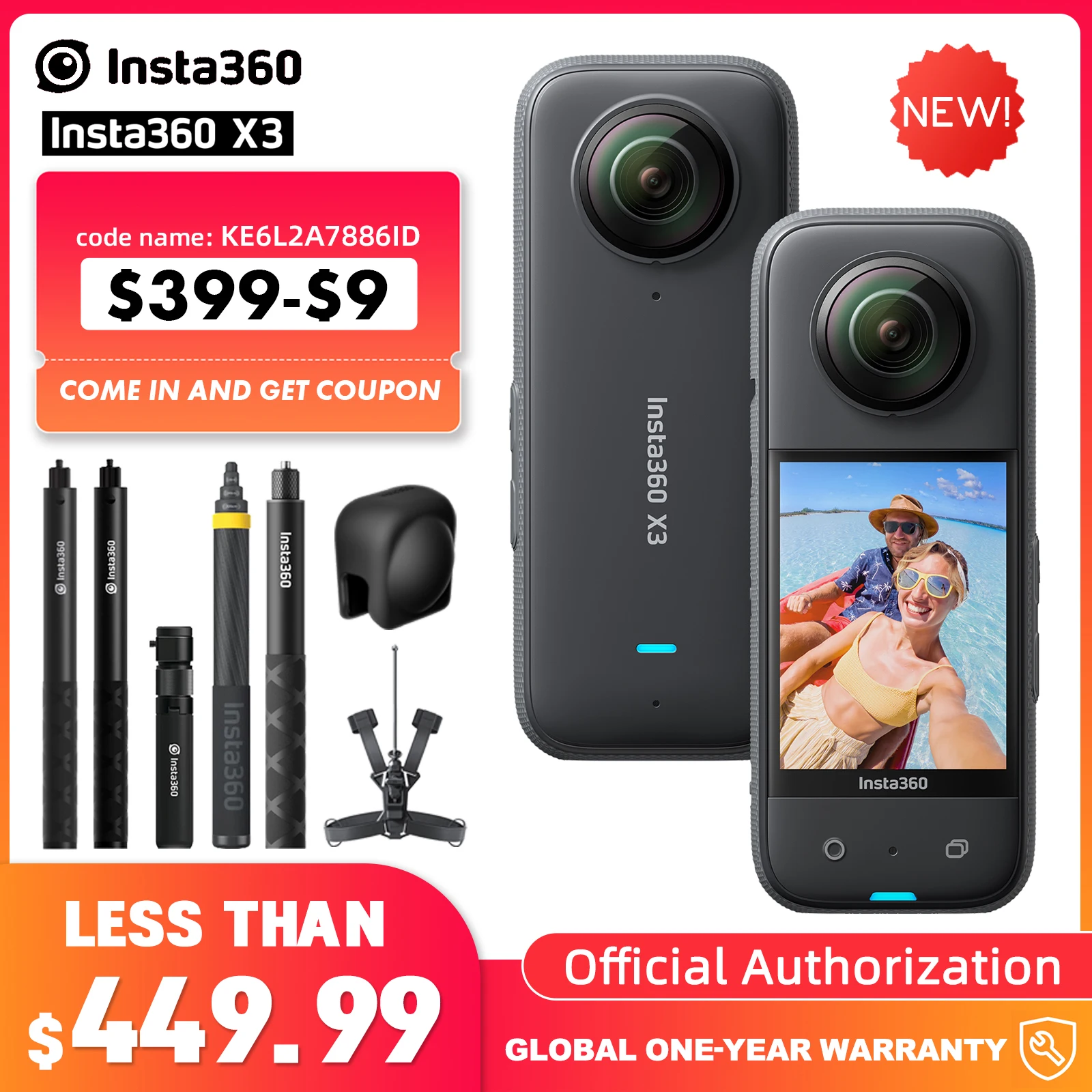 Insta360 X3 – caméra d'action 5.7K 360 4K/30, 72MP, enregistrement