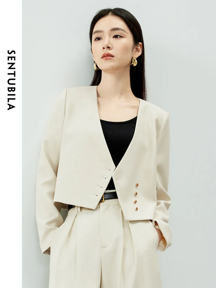 

SENTUBILA Cropped Loose Suit Jacket Woman 2024 Spring Casual Single Breasted V-neck Commuter Long Sleeve Blazer Coat 141X53522