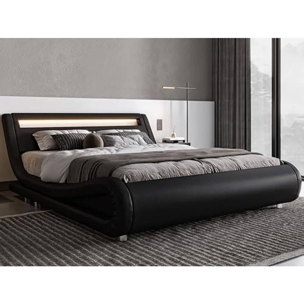 LED Platform Bed Frame with Adjustable Headboard/No Box Spring Need/Easy Assembly/Faux Leather