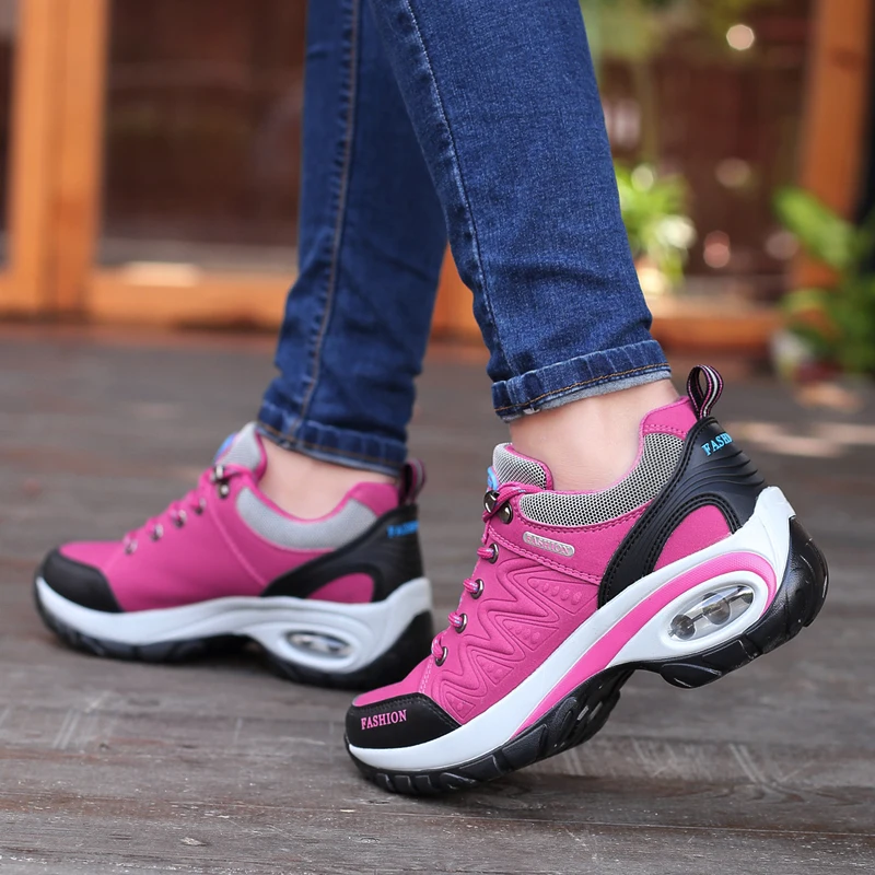 Zapatillas deportivas con cámara de aire para mujer, zapatos de tenis transpirables con plataforma y cordones, para gimnasio y trotar