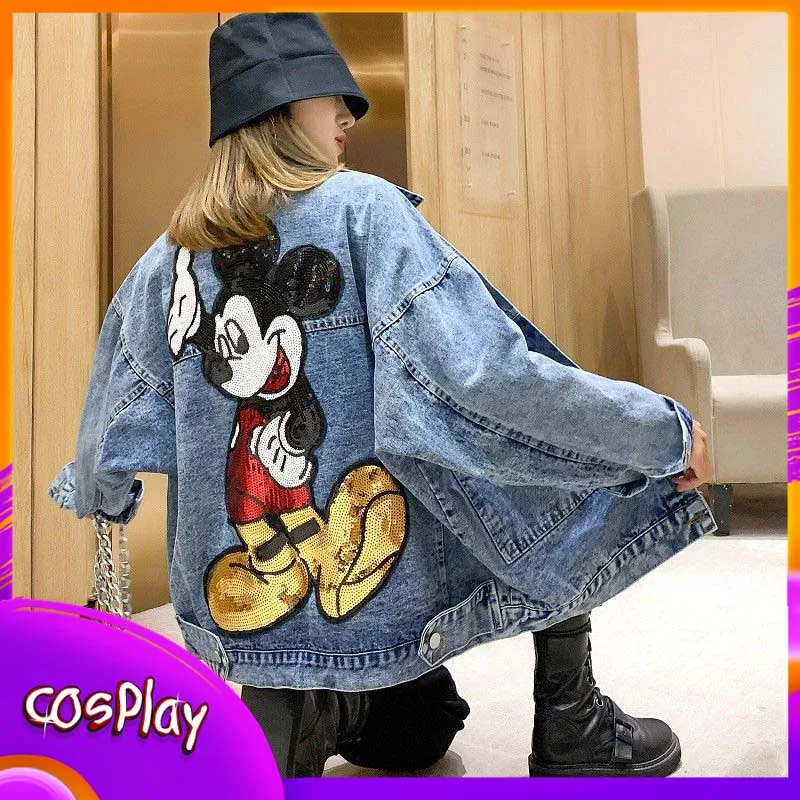 Disney Mickey Denim Jacket Long Sleeve Embroidered Sequin Cartoon