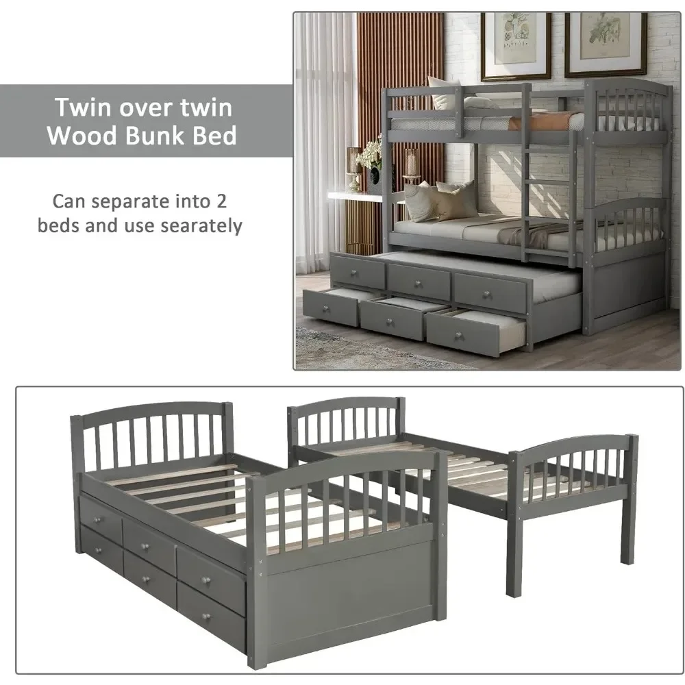 Wooden Bunk Bed Twin Over Twin Size with Trundle and 3 Storage Drawers, Detachable Bunkbeds Frame for Kids Teens Adults Bedroom 4