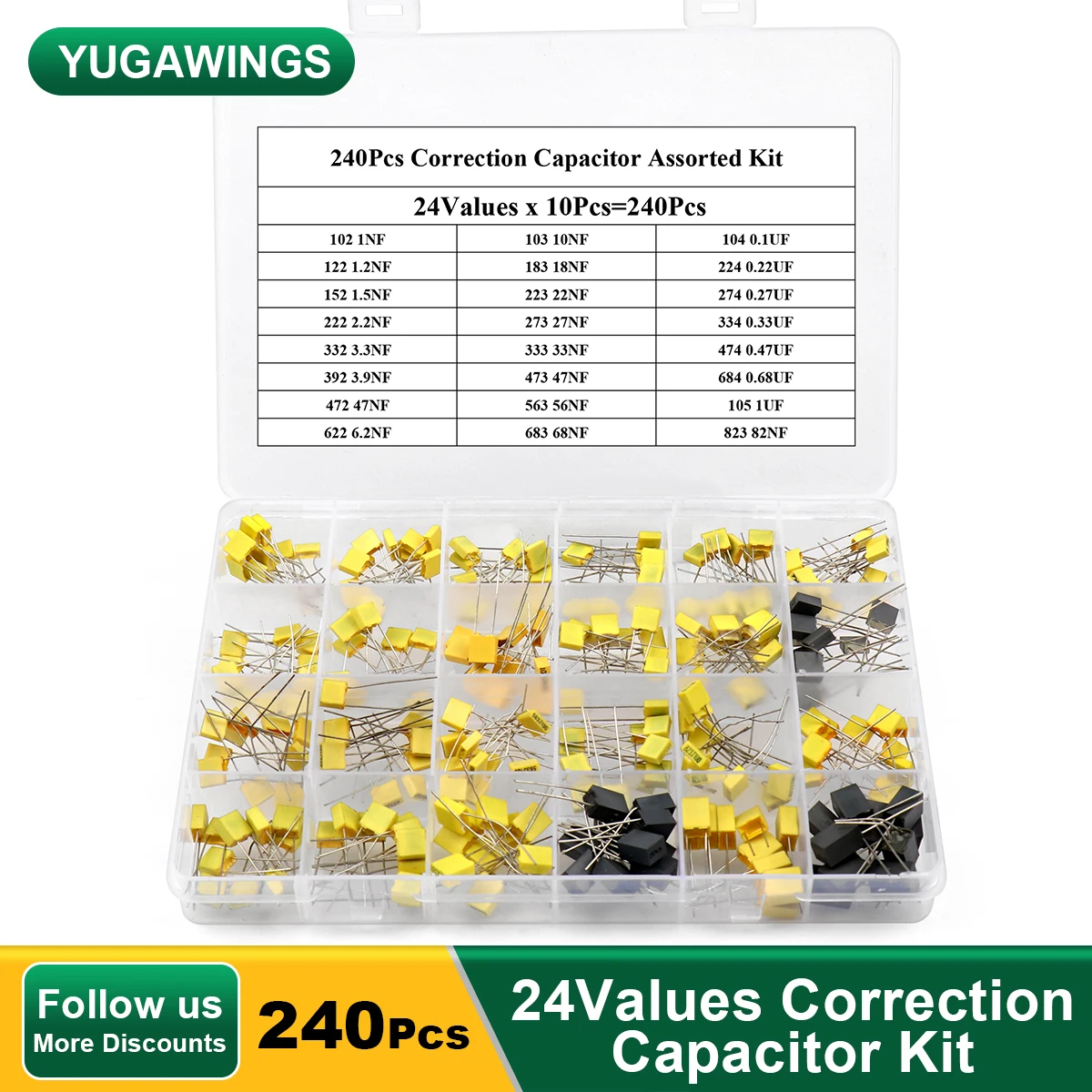 240Pcs/Box Correction Capacitor Kit 24Values x 10Pcs 63V-100V 102J-105J Polypropylene Safety Plastic Film Capacitors Assorted Se 10pcs correction capacitor polypropylene safety plastic film 63v 100v 250v 470nf 56nf 560nf 6 8nf 68nf 680nf 8 2nf 82nf 120nf