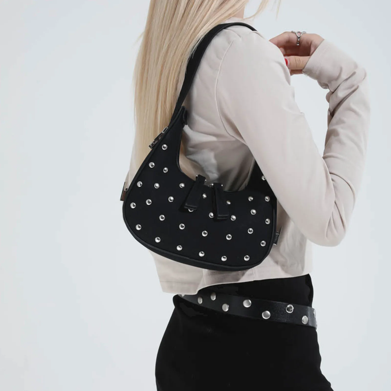 Rivet Shoulder Bag with Zipper Closure Clutch Hobo Handbag Underarm Purse for Women