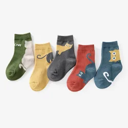 Cartoon Cat Pattern Comfortable & Breathable Kids Socks - 5 Pairs for Boys & Girls (5 Pairs Mixed Color)