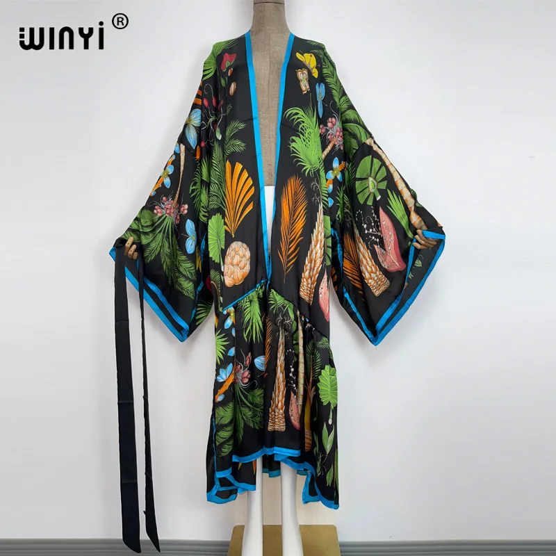WINYI 여성용 비키니 커버 업, 블랙 레트로 패션 프린트, 셀프 벨트, 여름 의류, 기모노 드레스, 비치 웨어, 수영복 커버 업