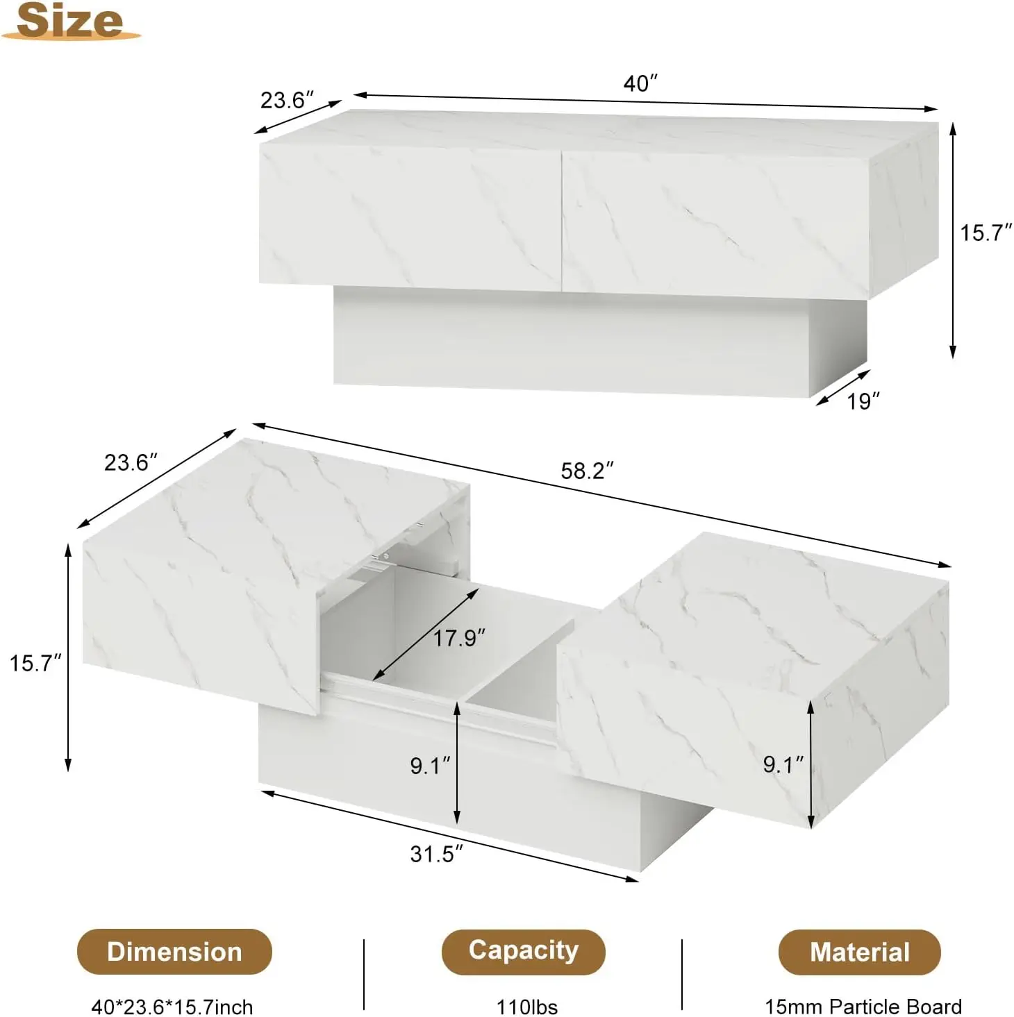 Description Picture 3 of itemFaux Marble Finish Glossy Coffee Table with LED Light, Modern Coffee Table, Led Coffee Tables for Living Room