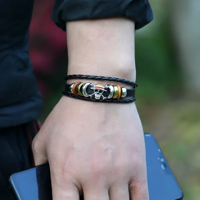 1Pc One Piece Luffy Pirate Bracelet Japan Cartoon Action Figure Toys Punk Black Leather Braided Punk Rock Bangles Bracelet Gifts 5