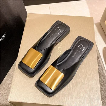 Women's Slippers Fashion Metal Buckle Mules for women Flat Heels Square Toe Shallow Shoes Outdoor Slides Female Casual Sandals