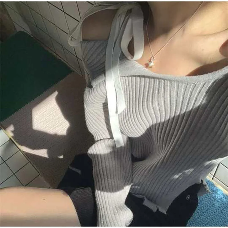 S759067beae0a4702bb2a4ad7d332fe45O Fashion Knitted Pullover Women Street Vintage Lace-up Long Sleeve Female Sweater Spring All-match Slim Solid Lady Knitwear Mallzona