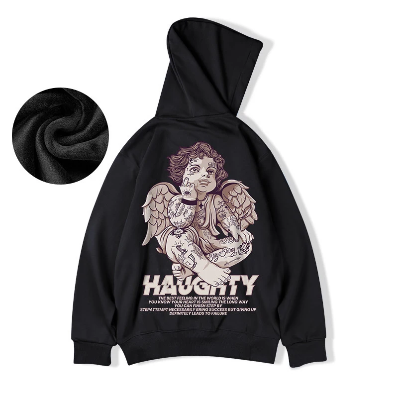 Autumn Haughty Angel Graphic Fleece Hoodies For Men Oversized Retro Loose Hoody Sweatshirts American Streetwear Y2K Clothes