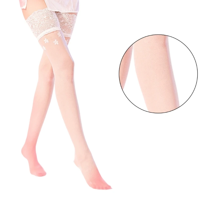 

Silk Over The Knee Socks with Silicone Womens Silk Thigh High Stockings,Sheer Silicone Florals Lace Top Pantyhose T8NB