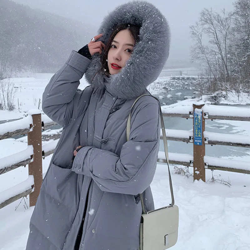 

White Duck Down Jacket Korean Women's Winter New Big Real Fur Hooded Middle And Long Over Knee Fashion Elegant Horn Solid Parker