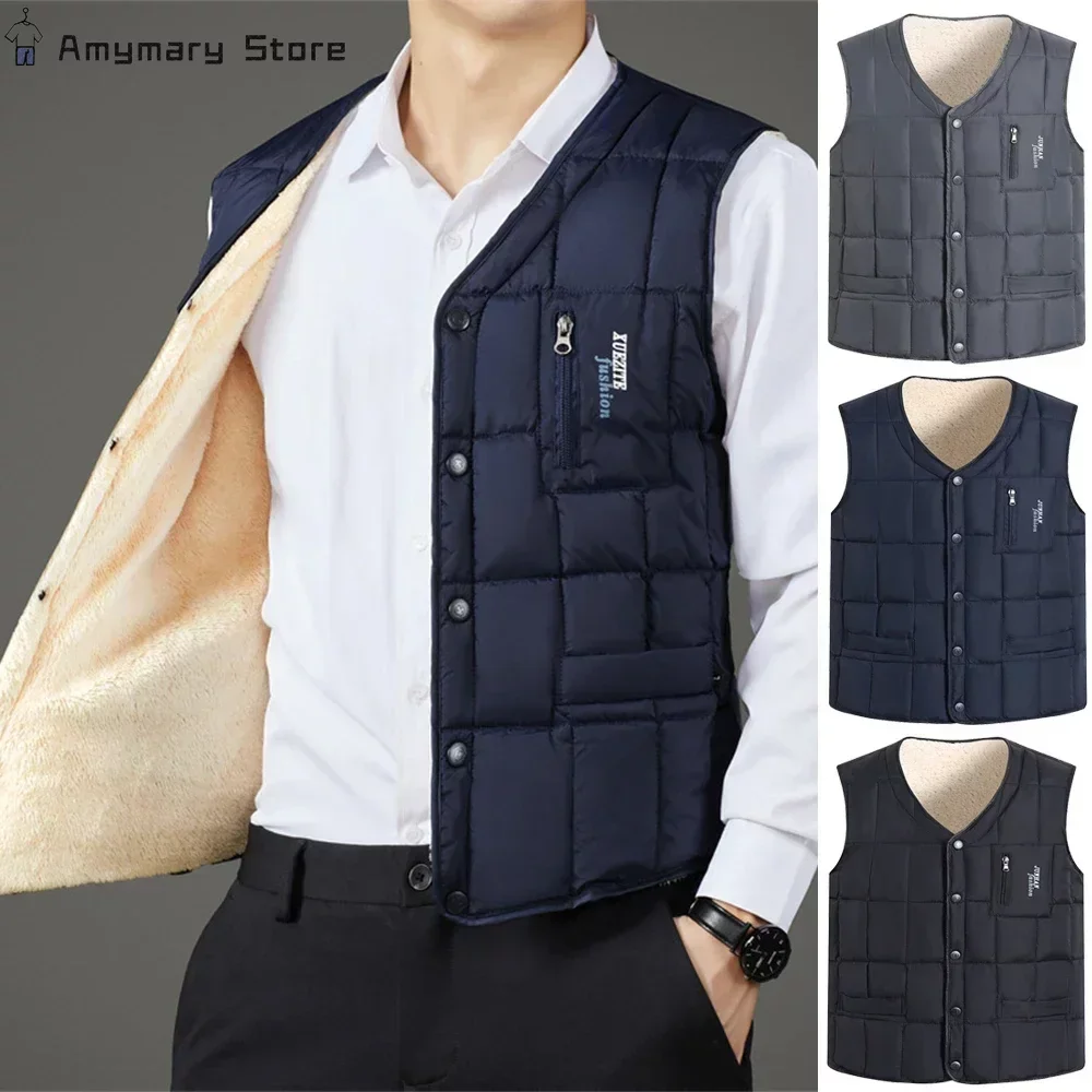 

New Winter Men's Vest Casual Padded Plush Single-breasted Sleeveless Winter Jacket Fashion V-neck Warm Fishing Vest Clothing