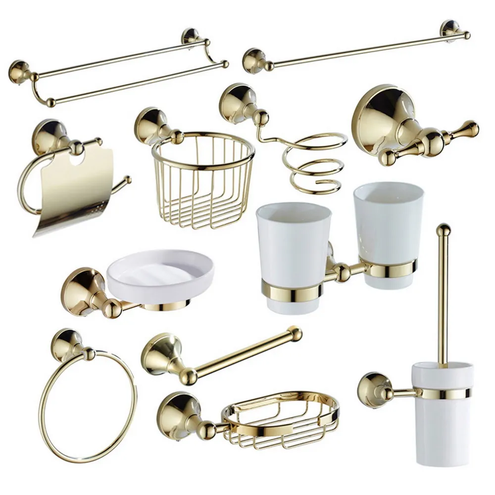 Luxury Gold Color Brass Wall Mounted Bathroom Accessories Set Towel Bar Soap Dish Robe Hook Toilet Paper Holder azh114