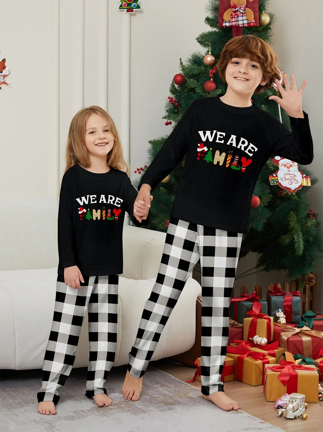 Happy New Year Family Matching Outfits Letter Plaid Print Parent-child 2 Pieces Suit Sleepwear Soft Loose Pajamas Set Xmas Wear - 5