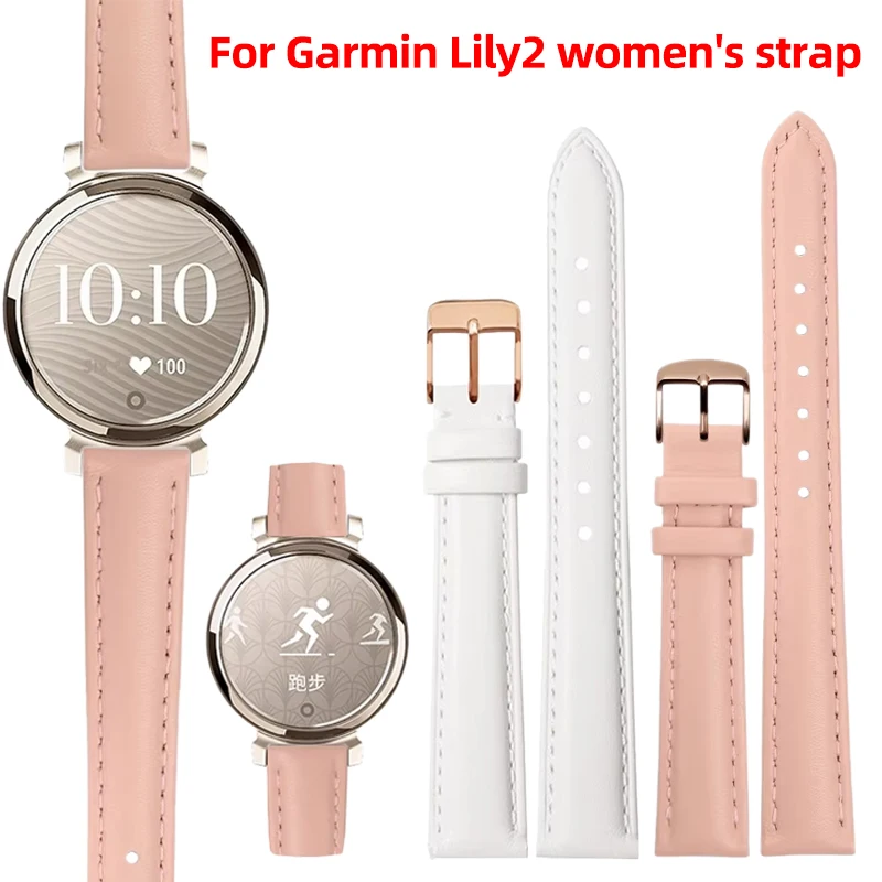 Elegant Genuine Leather Strap for Garmin Lily 2 Women's Smartwatch - 14mm Quick Release in Pink White
