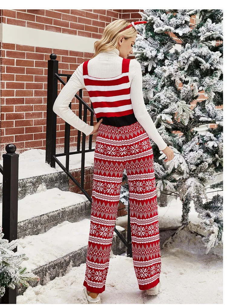 BKLD 2023 Autumn Winter Christmas Knitted Strap Long Pants Overalls Loose Fashion Snowflake Pattern Jumpsuit One Pieces Women