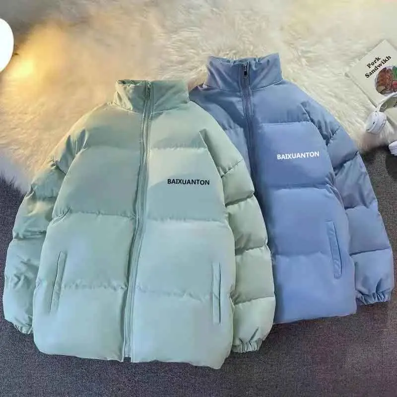 

Winter Warm Solid Puffer Jacket Women Harajuku Stand Collar Zipper Preppy Loose Casual Parkas Bf Korean All Match Down Coats