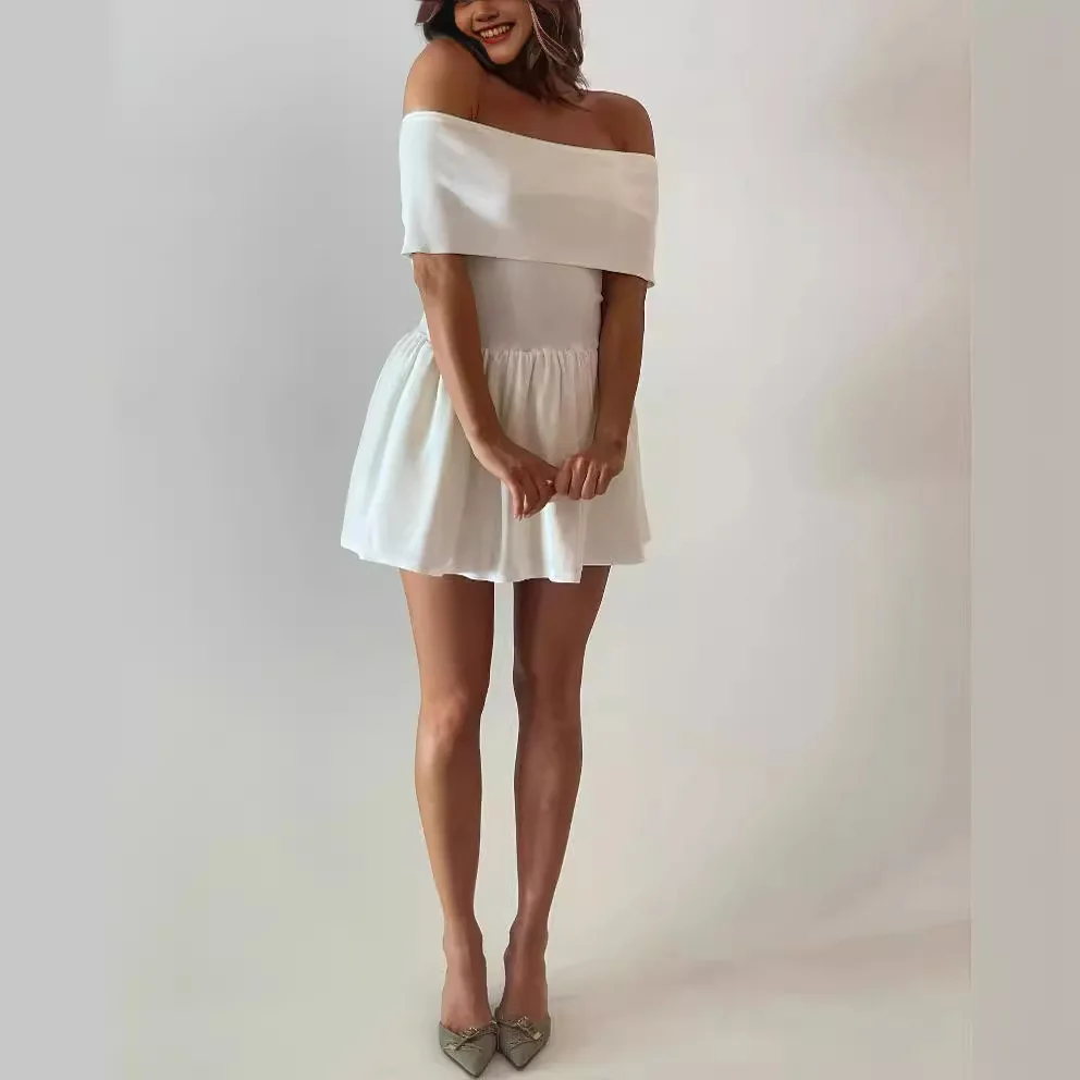 Knitted Off Shoulder Mini Dress Patchwork Ruffled Edge Slash Neck Solid Beach Holiday Princess Dress Cover Up Summer Women