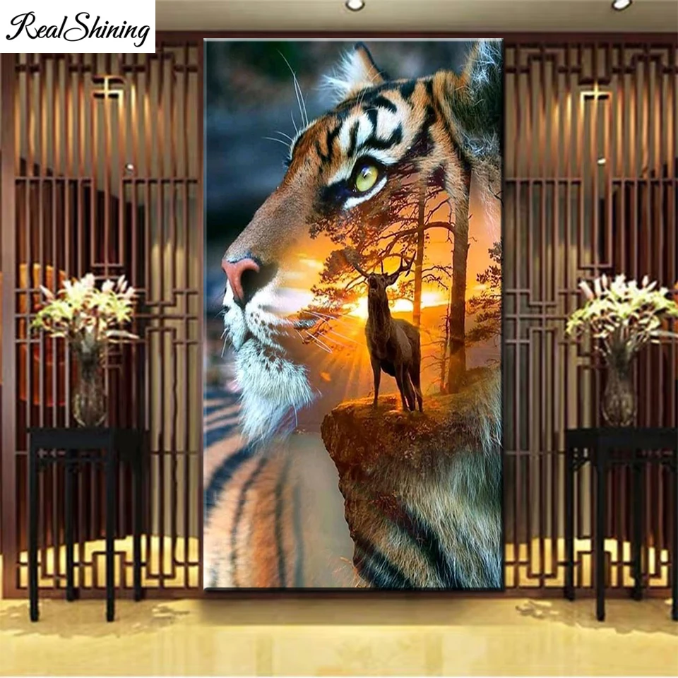 

Large Sunrise Tiger Elk Love Diamond Art 5D Diy Diamond Painting Cross Stitch Kits Crystal Embroidery Animal Home decor T1703