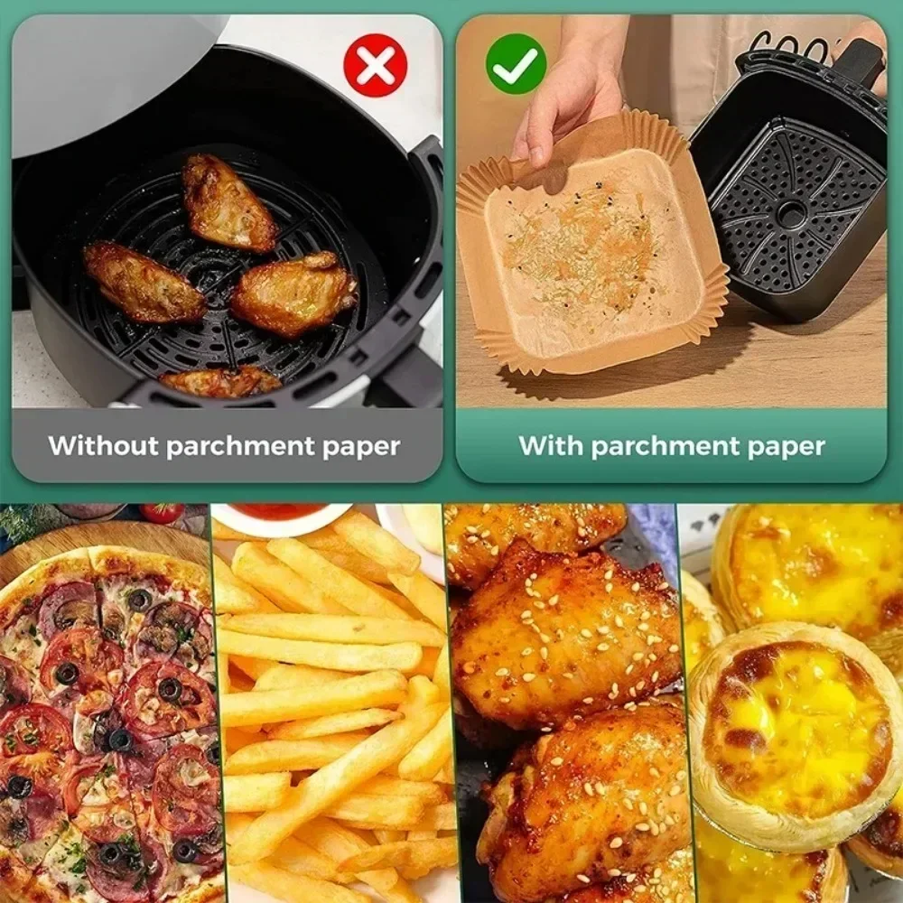 50 Pieces Kitchens Accessories Air Fryer Paper Kitchen Utensils Disposable Square Round Pastry Molds BBQ Plate Non-stick Pad