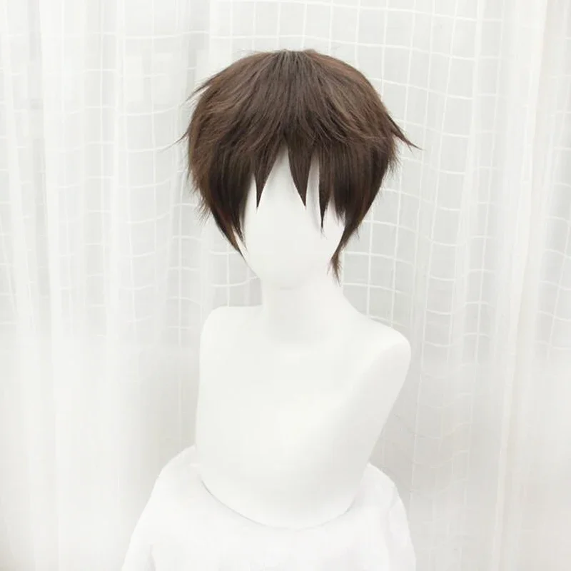 Eren Jaeger Cosplay Wig 30cm Short Straight Brown Heat Resistant Synthetic Hair Wigs + Free Wig Cap