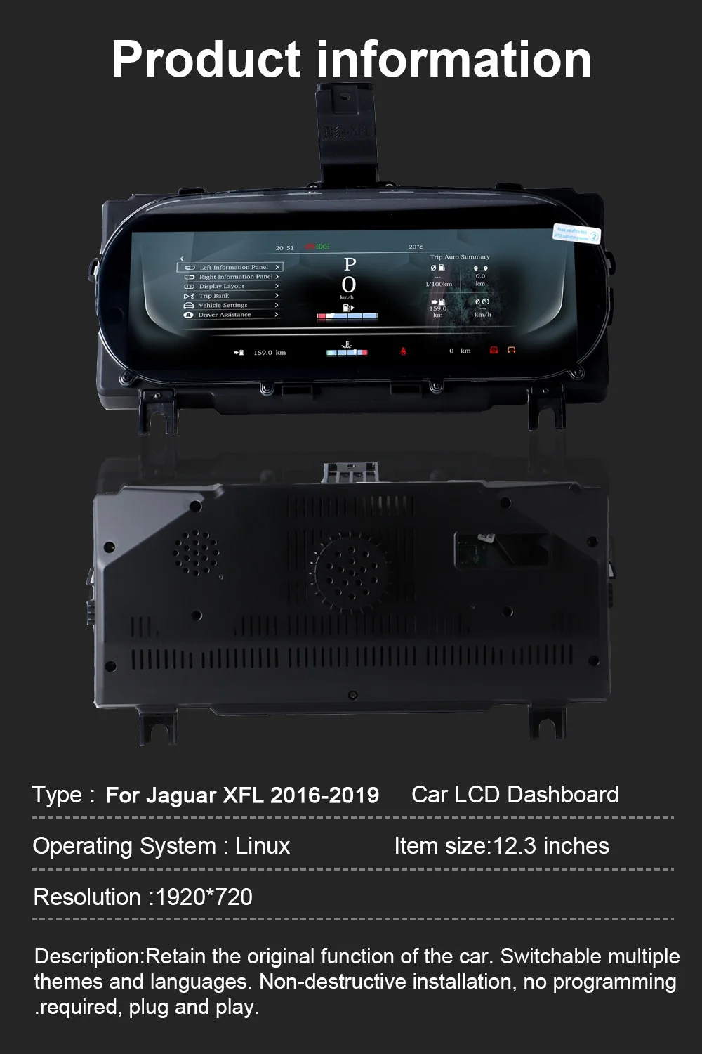 For Jaguar XFL 2016-2019 Carplay Car LCD Digital Instrument Cluster Speedometer,
