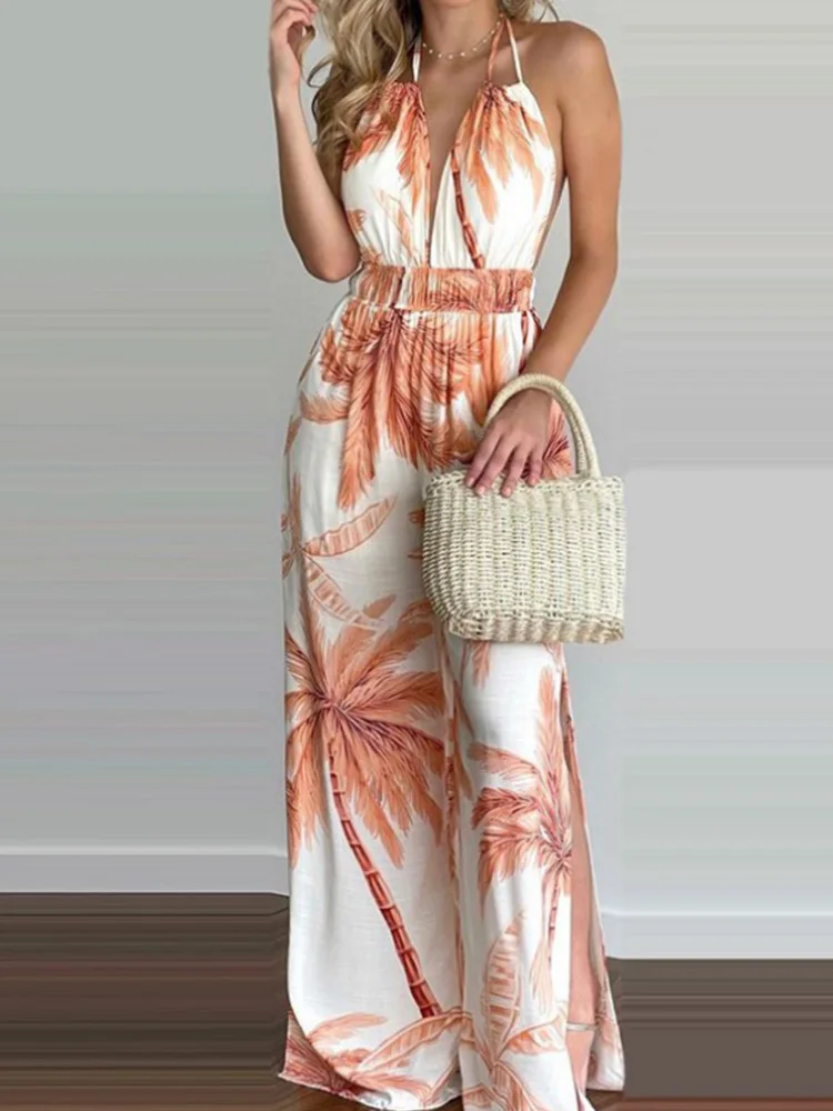 

Женский комбинезон с треугольным вырезом, открытой спиной и тропическим принтом