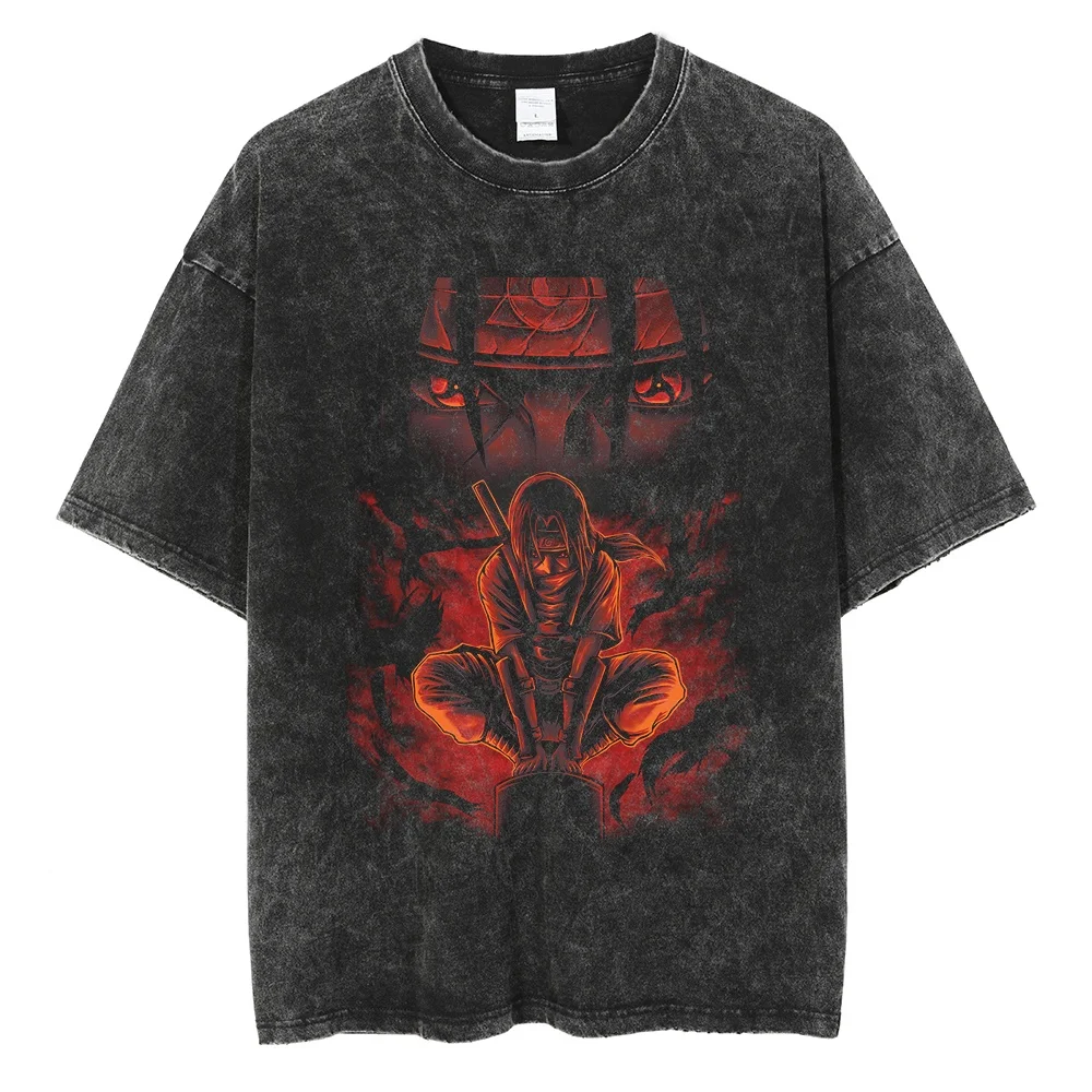 

Men Short Sleeve T Shirt Naruto Anime Print Vintage T-Shirt Cotton Black Washed Tops Tees Fashion Harajuku Streetwear Clothing