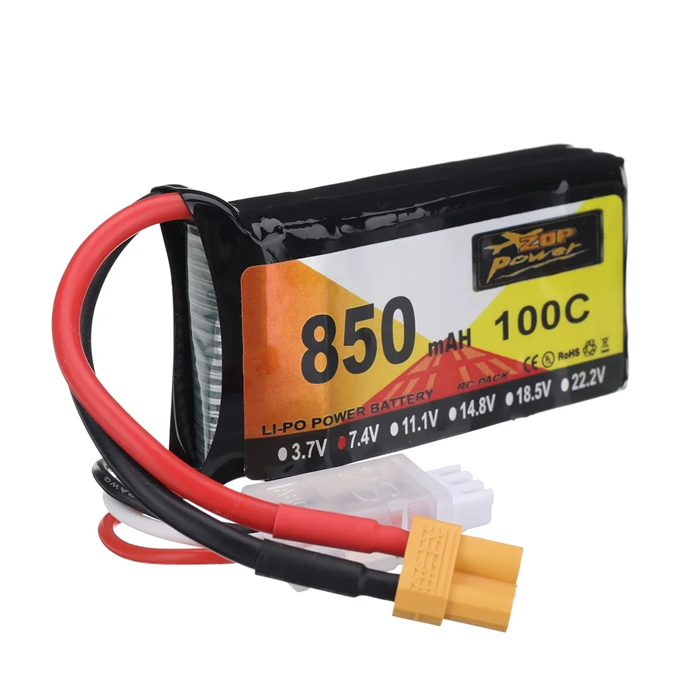 Zop Power 7.4V 850Mah 100C 2S Lipo Battery Xt30 Plug Per Rc Drone