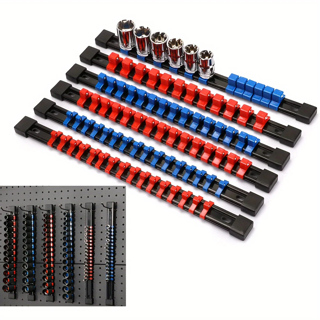 Socket Organizer Drive 6PCS 1/4-Inch x 32 Clips 3/8-Inch x 30 Clips 1/2-Inch x 24 Clips Premium Quality Socket Clip Rail Holder